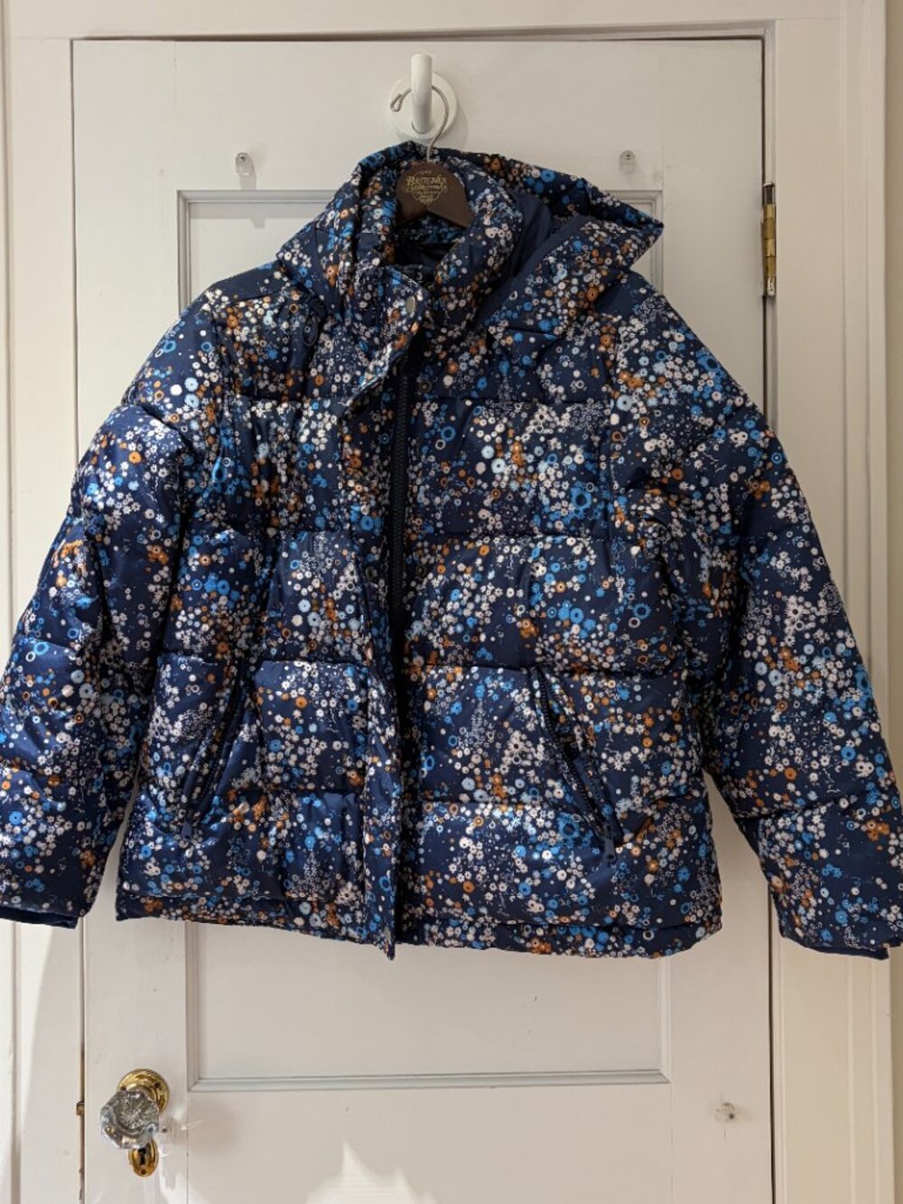Gap Floral Upcycled Primaloft Midweight Puffer Size Large Blue Hooded - Picture 10 of 10